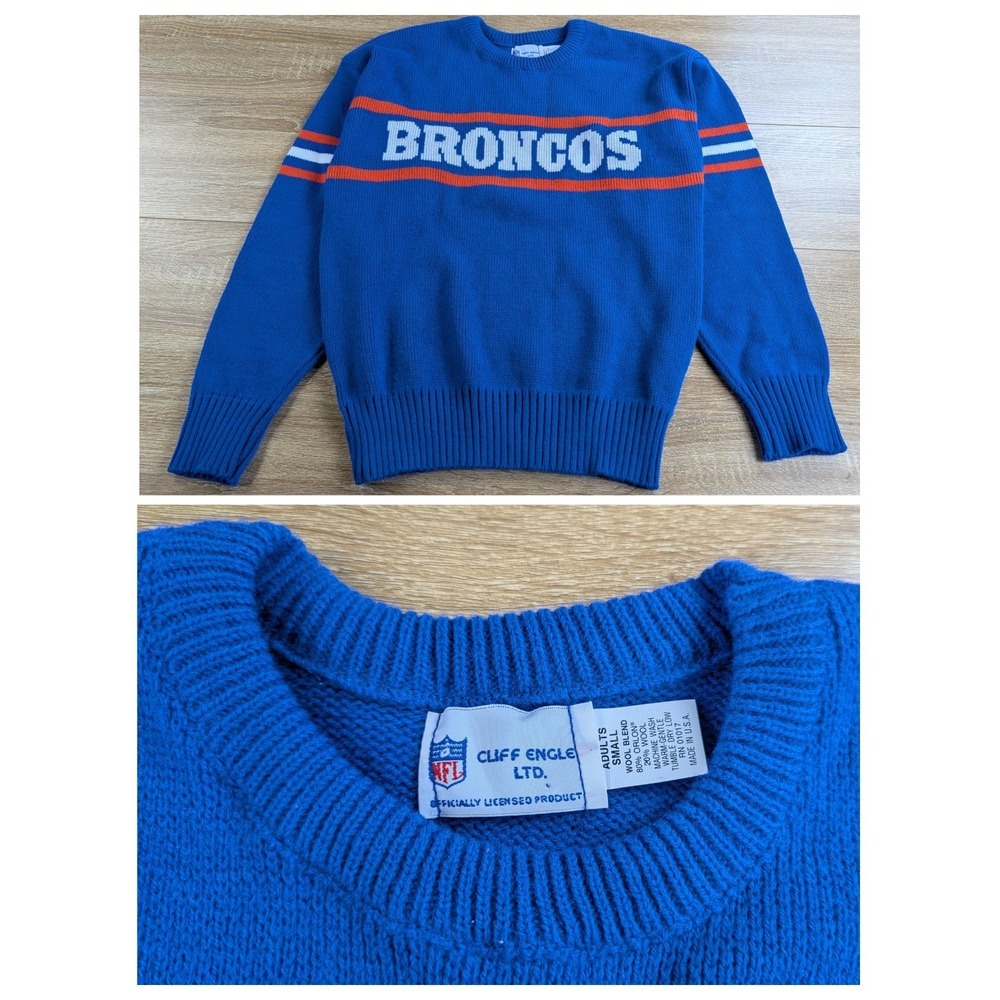 VTG 80s Cliff Engle Denver Broncos Knit Sweater Mens Small Blue Wool Blend NFL